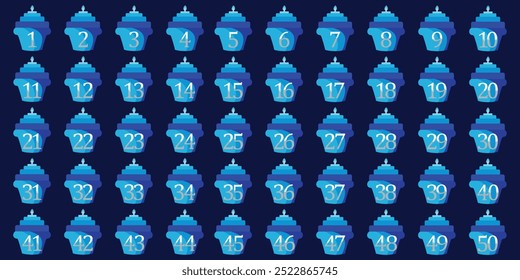Numbers, 1 to 50 blue birthday cake icon with small flames white line gradient logo