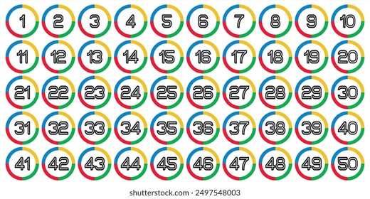 Numbers, 1 to 50 circle icons, red blue yellow black green , premium