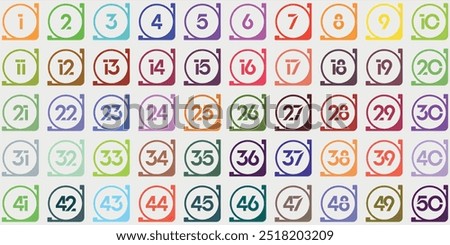 Numbers, 1 to 50 colorful corner circles for kids premium white