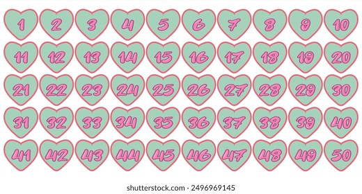 Números, 1 a 50 iconos del corazón, rosa, verde claro, logotipo, premium