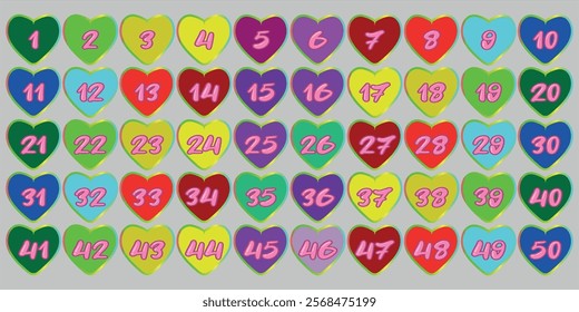 Numbers 1 to 50 heart shape with full color kids