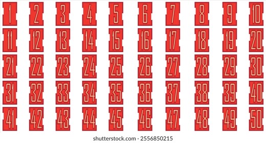 Numbers, 1 to 50 high, stacked lines, color lines, red boxes, premium cut serial numbers