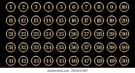 Numbers 1 to 50 premium digital gold shadow circle icon design.4