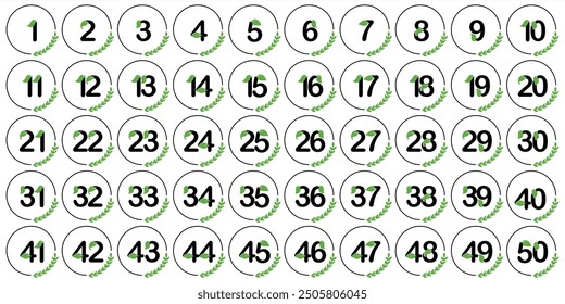 Numbers, 1 to 50 premium green leaf theme circle serial number table