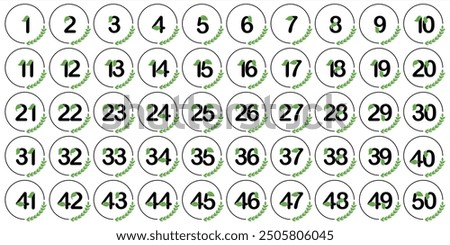 Numbers, 1 to 50 premium green leaf theme circle serial number table