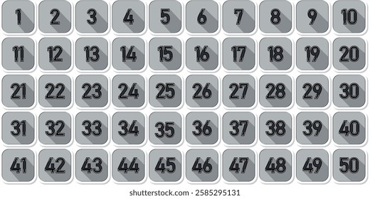 Numbers, 1 to 50 premium logo icon square gray shadow effect black numbers shadow line