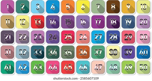 Numbers, 1 to 50 premium logo icon full color shadow effect square number shadow line