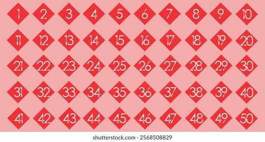 Numbers, 1 to 50, simple premium red and white diamond shape