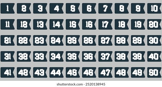 Numbers, 1 to 50 white italic effect with old blue logo