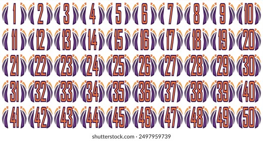 Numbers 1 to 50,athletic sport vintage vector embroidered sport ball