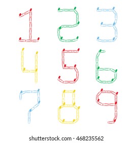 The numbers from 1 to 9 of colored paper clips on a pushpin. Vector illustration.