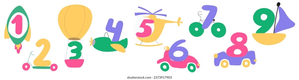 Numbers 1 - 9. Cute little vehicles. Learning to count for children. Hand drawn vector graphic design. Illustration.