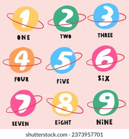 Numbers 1 - 9. Learning to count for children. Vector design illustration. Pink background.