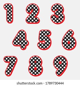 Numbers from 1 to 9 in polka dots with a red outline.