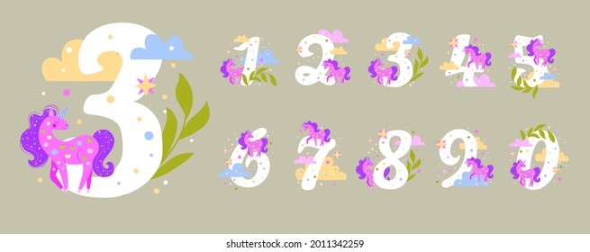 numbers from 1 to 9 with unicorn, clouds and stars. Postcard, poster, template.