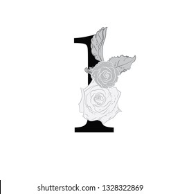 Numbers 1 with flowers. The composition of flowers and letters. Latin letter in monochrome retro style. Stylish decorative composition for a logo, signboard, banner, print.