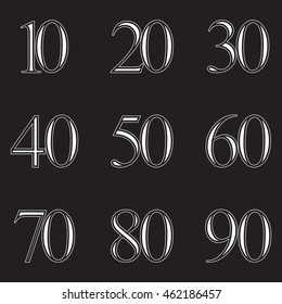 The numbers 10, 20, 30, 40, 50, 60, 70, 80, 90 for use in the creative work of designers.