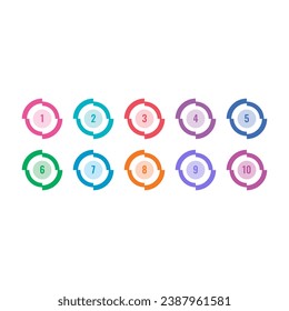 numbers 1-10 in colored circles. tech-interfaced circles and 1-10 math numbers. ordinal numbers for education, business, internet, magazine, annual report