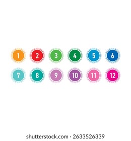 Numbers 1-12 in colored circles. Numbers 1-12 concept for business, education, health, technology world