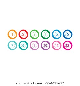 numbers 1-12 in colored circles. numbers 1-12 for education, business. numbers 1-12 with stars on white background