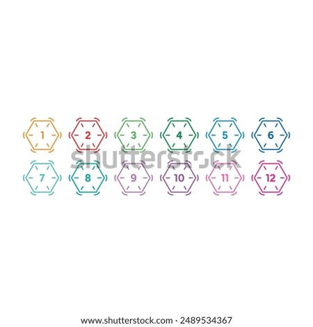 Numbers 1-12 in colored hexagons. numbers 1-12 concept for business and education world