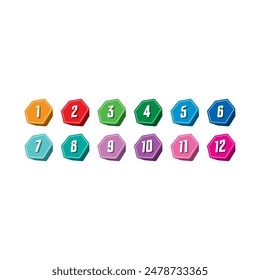 numbers 1-12 in colored hexagons. group of vector numbers 1-12. numbers 1-12 for the education world