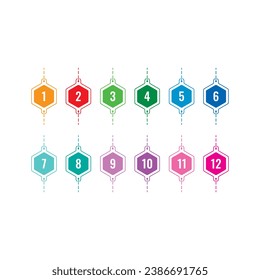 numbers 1-12 in colored hexagons. 1-12 math numbers. 1-12 sequential numbers for education, business, university, academia