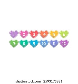 Numbers 1-12 and colorful hearts. numbers 1-12 inside colorful hearts, numbers 1-12 concept for education, business