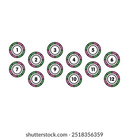 Numbers 1-12 in colorful shapes on white background. 1-12 numbers concept for education, business
