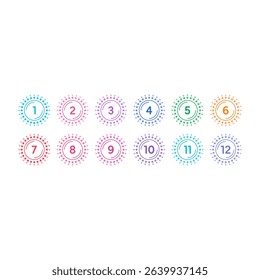 Numbers 1-12 concept. Numbers 1-12 in colorful stars. Numbers 1-12 concept for education, business