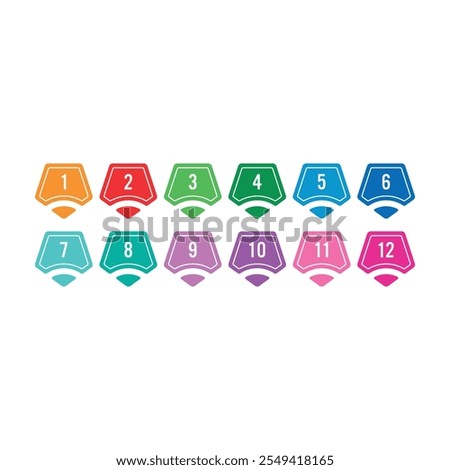 Numbers 1-12 concept in pentagons for education, business. Numbers group 1-12