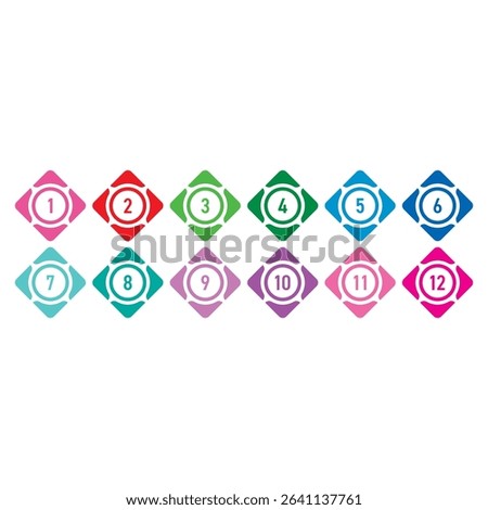 Numbers 1-12 for science, education, business, technology world. Numbers 1-12 concept in colorful squares and circles