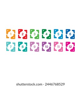 Numbers 1-12 steps in geometric square. 1-12 step numbers on white background. 1-12 step numbers for business, industry, technology, education world