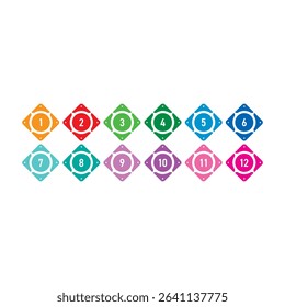 Numbers 1-12 for the world of science, education, business, technology. Numbers 1-12 in colored squares and circles