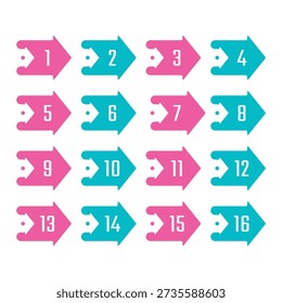 Numbers 1-16 on colored arrows. Numbers 1-16 for the world of business, education, and technology