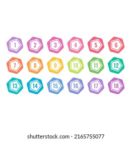 numbers 1-18 in hexagons and pentagons. colored numbers 1-18. colorful numbers for education, lecture, school