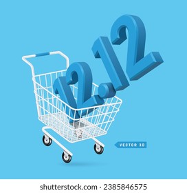 numbers 12.12 3D blue are placed on shopping cart or trolley. all floated in air for winter and mega sale promotion advertising, vector isolated for Promotion on twelfth day of the twelfth month