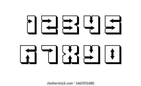 Numbers 123 colourful set in 3d regular retro style with arrows in trendy typography consisiting of 1 2 3 4 5 6 7 8 9 0 for poster design or greeting card. Vector modern font