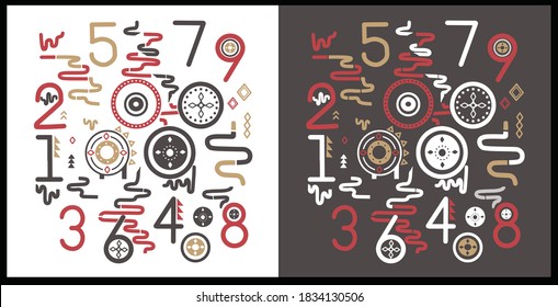 Numbers 1-9 and other objects in the set.Continuous line drawing. Numbers. Black , gold and red  isolated on white and black background. vector illustration.
