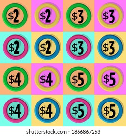 Números 2 a 5 con signos de dólar en cuatro versiones sobre un fondo cuadrado en un círculo. Elemento para una etiqueta de precio o oferta especial.