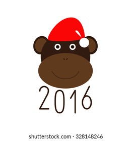Numbers 2016 and cute smiling monkey in Christmas hat. Chinese New Year greeting card. Party invitation. Vector flat style design element