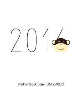 Numbers 2016 and smiling monkey face as part of number 6. Chinese New Year greeting card. New year party invitation. Design element