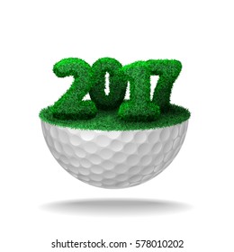 Numbers of 2017 textured with grass on half golf ball with grass. Vector isolated illustration