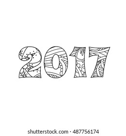 Numbers 2017 in zentangle inspired style isolated on white background. Monochrome graphic. For calendar, card, coloring book. Art vector illustration