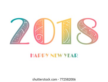 Numbers 2018 with Happy New Year text on white background. Vector winter holiday greeting card or poster design