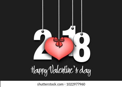 Numbers 2018 and heart instead of zero hanging on strings. Happy Valentines Day. Vector illustration