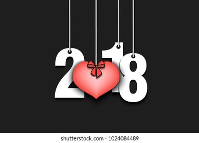 Numbers 2018 and heart instead of zero hanging on strings. Vector illustration