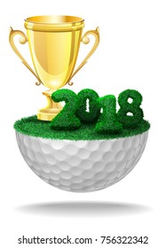 Numbers Of 2018 Textured With Grass And Gold Trophy On Half Golf Ball With Grass. Vector Isolated Illustration