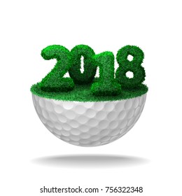 Numbers of 2018 textured with grass on half golf ball with grass. Vector isolated illustration