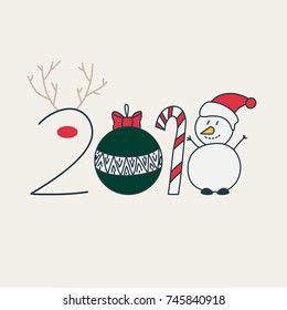 Numbers 2018 in unique style. Vector design of new year for calendars, flyers and cards. Cartoon christmas characters.